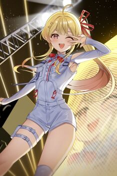 1girl ;d ahoge arm_up armpit_cutout armpit_peek asymmetrical_legwear belt blonde_hair blush bow bowtie breast_pocket breasts center-flap_bangs clothing_cutout collared_shirt commentary contrapposto cowboy_shot double-parted_bangs drawstring dress_shirt flying_sweatdrops fortissimo gradient_hair hair_ornament hair_ribbon hashtag-only_commentary high_side_ponytail highres hololive hololive_dev_is long_hair long_sleeves looking_at_viewer monitor multicolored_hair musical_note musical_note_hair_ornament official_alternate_costume one_eye_closed open_mouth orange_eyes otonose_kanade otonose_kanade_(regloss_uniform) pocket pouch red_bow red_bowtie ribbon shirt short_shorts shorts shoulder_cutout signature sleeves_past_wrists small_breasts smile solo stage stage_lights star_pin sweatdrop teeth thigh_belt thigh_pouch thigh_strap tight_clothes uneven_legwear upper_teeth_only vest virtual_youtuber w white_shirt white_shorts white_vest yellow_nails yoshidadon