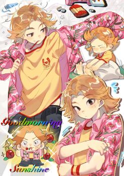 Rule 34 | 1boy, barefoot, brown eyes, brown hair, daisuke (mouthwashing), english text, flower, flower in mouth, hawaiian shirt, highres, long sleeves, looking to the side, male focus, medium hair, mouthwashing, multiple views, open mouth, paki2000, parted bangs, pink shirt, rainbow text, red flower, red rose, rose, shirt, short sleeves, simple background, sitting, sleepy, smile, sparkle, toothbrush, white background
