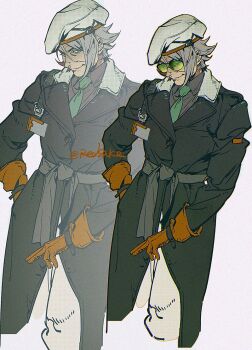 Rule 34 | 1girl, beret, black-framed eyewear, black coat, coat, collared shirt, gloves, green-tinted eyewear, green necktie, grey sash, grey shirt, hat, medium hair, necktie, old, old woman, orange eyes, orange gloves, original, pants, redsakaone, shirt, simple background, smile, solo, tinted eyewear, white background, white pants, white shirt