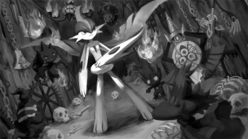 1boy 2others aegislash arm_blade axe banette blood bone chain chandelure closed_mouth dagger doublade duskull dutch_angle fire floating from_behind full_body gallade gen_2_pokemon gen_3_pokemon gen_4_pokemon gen_5_pokemon gen_6_pokemon ghost greyscale grin hair_between_eyes hand_up happy indoors knife legs_apart looking_afar looking_at_another mega_gallade mega_pokemon misdreavus mismagius mohawk monochrome multiple_others nintendo one-eyed pokemio pokemon pokemon_(creature) sableye shield short_hair skull smile standing sword teeth torture_instruments weapon zipper