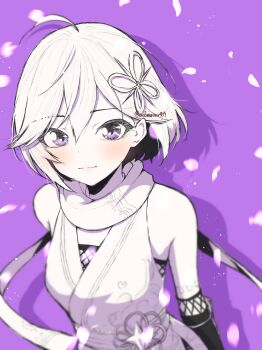 1girl ahoge bare_shoulders blush breasts closed_mouth commentary elbow_gloves falling_petals fishnet_top fishnets flower_knot gloves greyscale_with_colored_background highres japanese_clothes katsuragi_(webmaster909) kimono light_smile looking_at_viewer medium_breasts ninja_(romancing_saga_2) petals purple_background purple_eyes romancing_saga_2 saga short_hair sleeveless sleeveless_kimono solo spot_color twitter_username upper_body