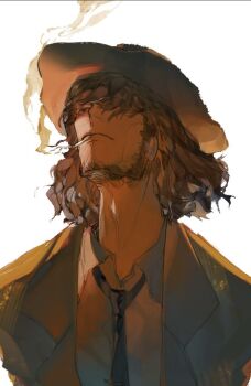 1boy beard black_necktie brown_eyes brown_hair brown_jacket cigarette closed_mouth collared_shirt facial_hair frown hair_over_one_eye head_back jacket jigen_daisuke lapels looking_up lupin_iii male_focus moxom necktie notched_lapels one_eye_covered open_clothes open_collar open_jacket shirt simple_background smoke smoke_trail smoking solo suit_jacket wavy_hair white_background white_shirt wing_collar