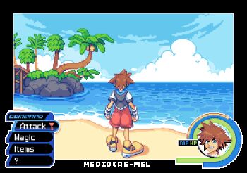 1boy animated animated_gif artist_name beach blue_eyes blue_sky brown_hair day fingerless_gloves food from_behind fruit gloves heads-up_display health_bar hood hoodie island kingdom_hearts male_focus mediocre-mel ocean outdoors palm_tree pixel_art plant red_shorts sand shoes shorts sky smile sneakers solo sora_(kingdom_hearts) spiked_hair tree user_interface water