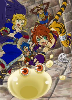 2boys 2girls absurdres animal_ears armor bandaged_arm bandages belt black_footwear black_nails black_wings blonde_hair blue_dress blue_hair blue_vest bone breasts breath_of_fire breath_of_fire_ii brown_footwear cat_ears cat_girl closed_eyes commentary_request dress facial_mark fangs feathered_wings fur-trimmed_shorts fur_trim gauntlets green_eyes hands_on_own_head highres holding holding_sword holding_weapon leg_up long_hair medium_breasts monkey multiple_boys multiple_girls nina_(breath_of_fire_ii) nobuhiko_tsukikage pants ponytail pouncing puffy_short_sleeves puffy_sleeves red_eyes red_pants ribs katt_(breath_of_fire) ryu_(breath_of_fire_ii) sash scared scarf short_sleeves shorts side_slit sidelocks skeleton slime_(creature) slit_pupils sten_(breath_of_fire) stone_floor stone_wall striped_fur sweatdrop sword tongue vest weapon wings yellow_scarf