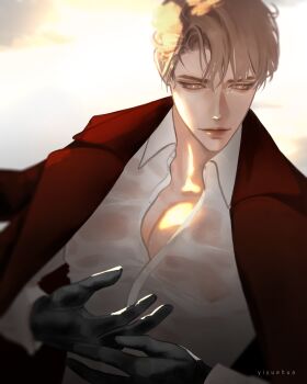 1boy absurdres adjusting_clothes adjusting_gloves aegyo_sal black_gloves blonde_hair character_request collared_shirt gloves highres jacket jacket_on_shoulders male_focus naega_kiun_s_geubdeul red_jacket see-through_clothes see-through_shirt shirt short_hair solo sweat_stain upper_body white_shirt yellow_eyes yiyuehua