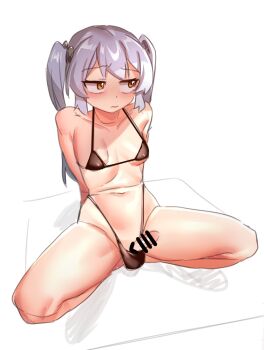 1boy arm_support arms_behind_back bar_censor bare_legs bikini black_bikini blush censored closed_mouth collarbone embarrassed erection from_above full_body g-string girly_boy grey_hair highres long_hair male_focus micro_bikini navel nose_blush otonashi_(otonashi5959) penis penis_out shadow shiny_skin simple_background small_penis solo spread_legs squatting string_bikini swimsuit thong thong_bikini tongkkangi tongkkangi_(streamer) trap twintails virtual_youtuber white_background yellow_eyes