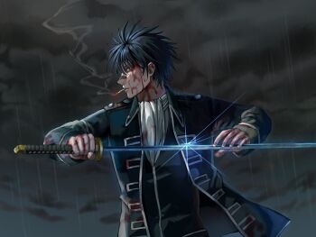 1boy ascot belt black_hair black_jacket black_vest blood blood_on_clothes blood_on_face bloody_weapon blue_eyes cigarette cloud cloudy_sky commentary_request cowboy_shot gintama glint highres hijikata_toushirou holding holding_sword holding_weapon jacket katana long_sleeves looking_at_viewer male_focus misohmkn mouth_hold open_clothes open_jacket profile rain red_background shinsengumi_(gintama) short_hair sky smoke smoking solo sparkle standing sword vest weapon white_ascot