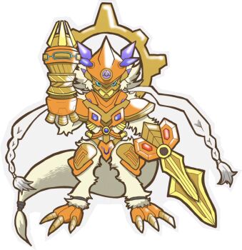 1boy appmon arm_blade arm_cannon armor bandai blue_eyes chibi claws creature digimon digimon_universe:_appli_monsters full_body looking_at_viewer monster no_humans official_art rebootmon solo standing tail transparent_background weapon