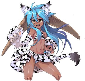 1girl :3 ahoge alternate_color animal_ears animal_hands animal_print blue_hair boomerang breasts brown_eyes cham_cham claws dark-skinned_female dark_skin elbow_gloves female_focus flat_chest gloves hand_on_head hug jaggy_lines medium_breasts midriff monkey navel oekaki paku_paku panties pantyshot paw_gloves poporon samurai_spirits skirt snk solo striped_clothes striped_panties tail tiger_ears tiger_print tiger_tail underboob underwear weapon yellow_eyes