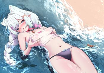 1girl absurdres animal_collar animal_ears beach bell bikini bikini_bottom_only black_bikini blue_eyes blush bow braid breasts cat_ears cat_girl cat_tail collar commentary covered_erect_nipples crop_top day english_commentary extra_ears grabbing_own_breast gradient_hair green_hair highres indie_virtual_youtuber long_hair looking_at_viewer low_twin_braids lying mint_fantome multicolored_hair navel neck_bell ocean official_alternate_hairstyle on_back outdoors partially_submerged pink_bow pink_collar pointy_ears small_breasts solo stomach swimsuit syxh tail twin_braids virtual_youtuber white_hair