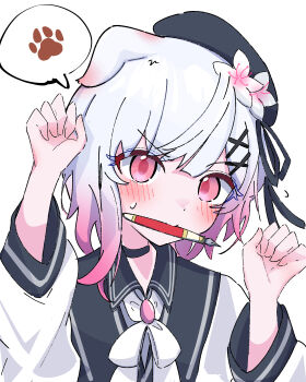 absurdres blush commentary_request copyright_request hair_ornament highres looking_at_viewer mahou_shoujo_no_majo_saiban paw_pose pen sakuraba_ema short_hair simple_background sou_(nekomame12345)