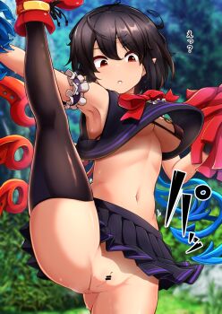 1girl :o anus arm_garter armpits asymmetrical_wings bar_censor bikini bikini_top_only bikini_under_clothes black_bikini black_hair black_shirt black_skirt black_thighhighs blue_wings blush boots bow bowtie breasts censored center_frills commentary_request crop_top foot_out_of_frame frills highres holding holding_pom_poms houjuu_nue large_variant_set looking_at_viewer miniskirt navel no_panties open_mouth outdoors peso_(cheese_company) pleated_skirt pointy_ears pom_pom_(cheerleading) pom_poms pussy red_boots red_bow red_bowtie red_eyes red_wings shirt short_hair skirt sleeveless sleeveless_shirt solo split standing standing_on_one_leg standing_split swimsuit thighhighs touhou translation_request variant_set wings