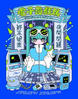 1girl antennae aqua_hair arcade_cabinet blue_background blue_jacket blunt_bangs closed_mouth commentary energy_gun gloves goggles goggles_on_head gun hair_between_eyes high_collar highres holding holding_gun holding_weapon jacket long_hair looking_at_viewer multicolored_jacket nakazawa_ayami original ray_gun solo straight-on twintails two-tone_jacket upper_body weapon white_gloves