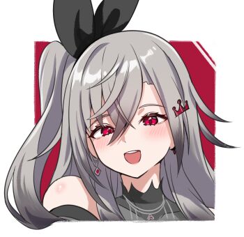 Rule 34 | 1girl, black bow, blush, bow, commentary, crown hair ornament, earrings, grey hair, hair bow, hololive, hololive dev is, isaki riona, isaki riona (1st costume), jewelry, kumarang, long hair, looking at viewer, one side up, red background, red eyes, smile, solo, teeth, upper teeth only, virtual youtuber, white background