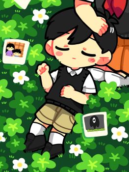 1boy 1girl antenna_hair ayam_bulan black_hair black_shoes black_sweater_vest blush brother_and_sister brown_shorts brown_skirt closed_eyes closed_mouth collared_shirt commentary flower hair_behind_ear highres kneehighs mari_(faraway)_(omori) mari_(omori) omori photo_(object) pleated_skirt shirt shoes short_hair short_sleeves shorts siblings skirt socks something_(omori) sunny_(omori) sweater_vest symbol-only_commentary twitter_username white_shirt white_socks