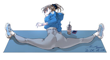 1girl ass brown_eyes brown_hair crop_top drink flexible full_body highres hood hoodie looking_at_viewer looking_back nabipenciller original ponytail shoes sitting sneakers solo split unitard