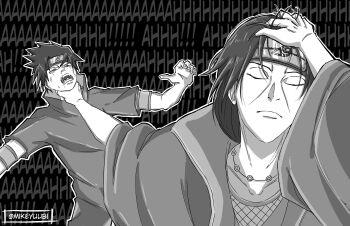 2boys absurdres adjusting_hair artist_name brothers commentary english_commentary hair_slicked_back hand_in_own_hair hand_on_own_head highres male_focus meme mikeyuubi monochrome multiple_boys naoya_hitting_choso_without_looking_(meme) naruto_(classic) naruto_(series) parody scene_reference siblings signature strangling twitter_username uchiha_itachi uchiha_sasuke