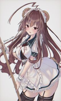 1girl adapted_costume alternate_costume animal_ear_hairband animal_ears bear_ear_hairband bear_ears black_thighhighs blush broom butao commentary_request cowboy_shot dress enmaided fake_animal_ears green_sailor_collar hairband highres kantai_collection kuma_(kancolle) kuma_kai_ni_(kancolle) long_hair looking_at_viewer maid maid_headdress sailor_collar solo thighhighs white_dress