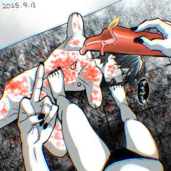 1boy 1girl amputee ass back bare_legs bdsm black_hair black_nails black_toenails blush candle candle_wax chromatic_aberration dated feet femdom foot_on_back hirakawa_airi holding holding_candle imai_hirokazu japanese_text jewelry kedamonotachi_no_jikan:kyouizonshou_kougun licking licking_foot limited_palette lying masochism middle_finger nail_polish nude ogawa_kuniko on_stomach pov quadruple_amputee ring short_hair speech_bubble sweatdrop tile_floor tiles wax