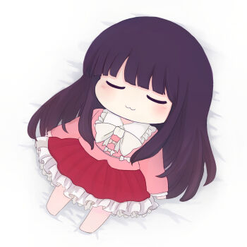 1girl :3 azuma_meri barefoot blouse blunt_bangs bow bowtie chibi closed_eyes commentary_request frilled_shirt_collar frilled_skirt frilled_sleeves frills highres hime_cut houraisan_kaguya long_hair long_sleeves lying on_back pink_shirt red_skirt revision shirt sidelocks skirt sleeping solo teruyof touhou white_bow white_bowtie