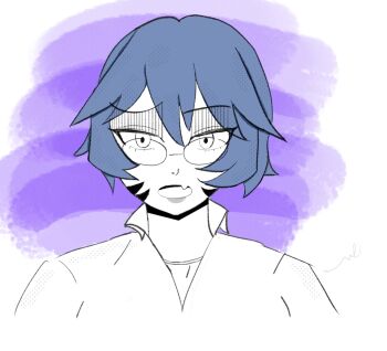 1girl absurdres anime_coloring blue_hair commentary cover english_commentary eyewear_on_head front-tie_top glasses highres long_sleeves looking_at_viewer non-web_source open_mouth raminius short_hair solo