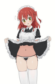 absurdres apron black_dress black_panties bocchi_the_rock! clothes_lift commentary_request desperate_airpo dot_nose double-parted_bangs dress dress_lift feet_out_of_frame frilled_panties frills hair_between_eyes highres kita_ikuyo lifting_own_clothes lingerie long_hair looking_at_viewer maid maid_apron multicolored_hair navel one_side_up panties parted_lips red_hair short_sleeves side-tie_panties simple_background standing stomach straight-on string_panties thigh_gap thighhighs underwear white_apron white_background white_thighhighs yellow_eyes