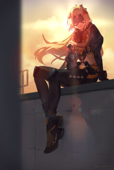 1girl absurdres black_gloves black_pants blindfold_mask blonde_hair breasts camouflage commentary covered_eyes english_commentary even_0 fingerless_gloves gloves hair_ornament highres jacket large_breasts long_hair mask navel open_mouth original pants ponytail smile solo trigger_(zenless_zone_zero) zenless_zone_zero