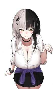 Rule 34 | 1girl, alternate costume, arm at side, belt, belt collar, black belt, black hair, black nails, black scrunchie, black skirt, breast pocket, breasts, cleavage, clothes around waist, collar, collared shirt, commentary, commission, cowboy shot, dress shirt, english commentary, fingernails, grey hair, grin, hair ornament, hand up, highres, hololive, hololive english, large breasts, legs together, light blush, long hair, looking at viewer, miyou, multicolored hair, nail polish, pleated skirt, pocket, pointing, pointing at viewer, purple sweater, school uniform, scrunchie, sharp fingernails, shiori novella, shirt, simple background, skirt, sleeves pushed up, smile, solo, split-color hair, standing, sweater, sweater around waist, two-tone hair, virtual youtuber, white background, white shirt, wrist scrunchie, yellow eyes