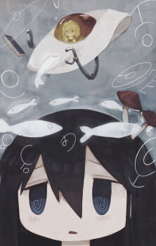 2girls @_@ absurdres black_hair blonde_hair canvas_texture egg egg_hair_ornament egg_yolk fish floating floating_object food food-themed_hair_ornament food_on_head fried_egg grey_background hair_between_eyes hair_ornament highres mini_person minigirl multiple_girls mushroom_on_head object_on_head parted_lips shimeji_simulation surreal tsukishima_shijima tsukumizu_yuu_(style) yamashita_majime yubrich