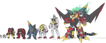absurdres chart chuunioniika comparison crossover drill fusion gaigar gaogaigar genesic_gaogaigar green_eyes gurren gurren-lagann highres king_kittan lagann mecha no_humans parody robot shishiou_gai silhouette size_chart spiral_power style_parody sunglasses tail tengen_toppa_gurren_lagann wings yuusha_ou_gaogaigar yuusha_series