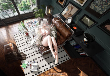 Rule 34 | 1girl, absurdly long hair, absurdres, aegir (azur lane), aegir (one-on-one leisure time) (azur lane), armchair, artist self-reference, azur lane, black horns, book, book stack, bookshelf, border, bottle, breasts, carpet, chair, cleavage, clock, closed mouth, coat, coffee, coffee mug, collarbone, couch, cup, curled horns, cushion, day, digital clock, dragon horns, dress, earrings, english text, feet, from above, fur-trimmed coat, fur-trimmed jacket, fur trim, glass, grey hair, hair between eyes, hair flowing over, hair spread out, highres, horns, huge breasts, indoors, jacket, jewelry, knees up, lamp, large breasts, legs, long hair, long sleeves, looking up, lying, magazine (object), mug, multicolored hair, nail polish, official alternate costume, official art, on back, on chair, open clothes, open jacket, painting (object), perrier (brand), phone, phonograph, pillow, pink dress, plant, potted plant, red hair, shadow, shoes, sidelocks, single shoe, sitting, sleeves past wrists, smile, soles, solo, spaghetti strap, st. louis (an afternoon on the lido deck) (azur lane), st. louis (azur lane), streaked hair, sunlight, surcouf (azur lane), surcouf (loisirs balneaires) (azur lane), table, taihou (azur lane), taihou (seaside daydreams) (azur lane), thighs, tile floor, tiles, toenails, toes, very long hair, vinyl record, watermark, weibo username, weibo watermark, white jacket, white shoes, window, wooden floor, yellow eyes, yunsang