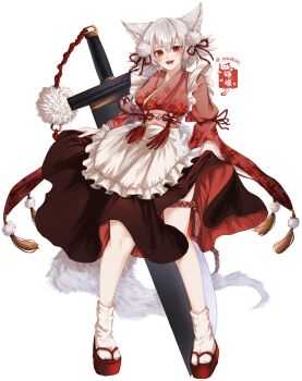 1girl alternate_costume animal_ear_fluff animal_ears apron blush commentary_request full_body greatsword grey_hair hair_ribbon highres inubashiri_momiji japanese_clothes kimono leaf_print looking_at_viewer maid maple_leaf_print okobo open_mouth platform_sandals pom_pom_(clothes) print_kimono red_eyes red_kimono red_ribbon red_sandals ribbon sandals short_hair simple_background smile socks solo soukou_(artist) sword tail touhou twitter_username wa_maid waist_apron weapon white_apron white_background white_socks wolf_ears wolf_girl wolf_tail