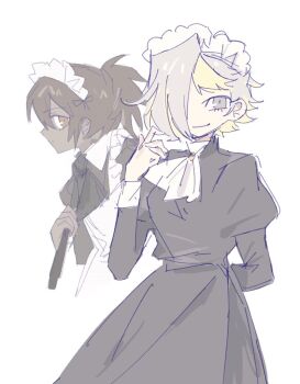 2girls black_dress brown_eyes brown_hair closed_mouth dark-skinned_female dark_skin dress grey_eyes grey_hair juliet_sleeves kromer_(project_moon) limbus_company long_sleeves looking_at_viewer maid_headdress multiple_girls nelly_(project_moon) ponytail project_moon puffy_sleeves simple_background smile white_background yesheng_zong_ren