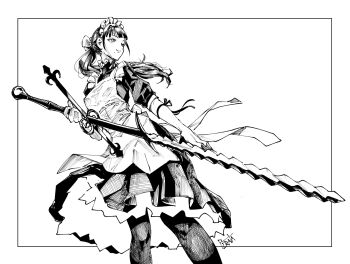 Rule 34 | 1girl, apron, artist name, bow, breasts, closed mouth, dress, flamberge, frilled headwear, greyscale, hair bow, highres, holding, holding sword, holding weapon, long hair, maid headdress, mole, mole under mouth, monochrome, original, pantyhose, pirata (gailtonatiu), ponytail, sidelocks, signature, small breasts, smile, solo, sword, weapon, zweihander