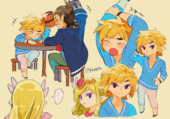 +++ ... 1girl 2boys arms_up artist_name blonde_hair blue_coat blue_shirt chair closed_eyes closed_mouth coat commentary_request green_pants grey_pants grin hand_on_own_hip highres holding light_blush linebeck link long_hair multiple_boys nintendo open_mouth pants pointy_ears princess_zelda shirt short_hair sitting smile spoken_ellipsis table tankard the_legend_of_zelda the_legend_of_zelda:_the_wind_waker tiara tokuura toon_link toon_zelda twitter_username yawning yellow_background