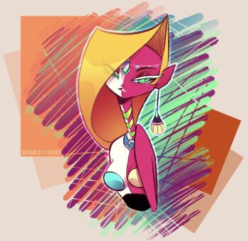 1girl artist_name bare_shoulders black_lips black_skin blonde_hair breasts choker circlet closed_mouth colored_eyelashes colored_skin commentary covered_erect_nipples earrings english_commentary eve_(no_straight_roads) expressionless eyes_visible_through_hair eyeshadow green_choker green_eyes highres jewelry long_hair makeup marble_corner medium_breasts multicolored_lips multicolored_skin no_straight_roads pink_skin pointy_ears red_eyeshadow slit_pupils solo split-color_skin square two-tone_skin upper_body white_eyelashes white_lips white_skin