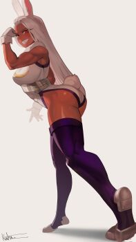 1girl absurdres animal_ears ass bare_shoulders biceps boku_no_hero_academia breasts clenched_hand clothing_cutout commentary covered_abs crescent_print dark-skinned_female dark_skin english_commentary flexing from_side fur_collar gloves hand_up highleg highleg_leotard highres katsu_(katsuslider) large_breasts legs leotard long_eyelashes long_hair looking_at_viewer mirko parted_bangs purple_thighhighs rabbit_ears rabbit_girl rabbit_tail red_eyes shadow signature simple_background smile solo tail tail_through_clothes taut_leotard thick_thighs thighhighs thighs toned toned_female very_long_hair white_background white_gloves white_hair white_leotard