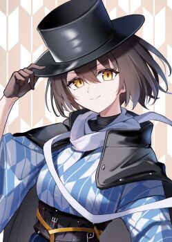 1girl azur_lane baltimore_(ace&#039;s_travel_journal)_(azur_lane) baltimore_(azur_lane) black_hat brown_gloves brown_hair commentary_request gloves hand_on_own_hat hat highres japanese_clothes kimono looking_at_viewer official_alternate_costume patterned_background patterned_clothing rubisco scarf smile solo top_hat upper_body white_scarf yellow_eyes
