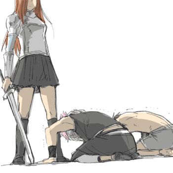 1girl 2boys apologizing armor black_hair bowing erza_scarlet fairy_tail gray_fullbuster gurubushi head_out_of_frame kneeling long_hair miniskirt multiple_boys natsu_dragneel orange_hair red_hair scared seiza short_hair sitting skirt sword trembling vambraces weapon white_hair