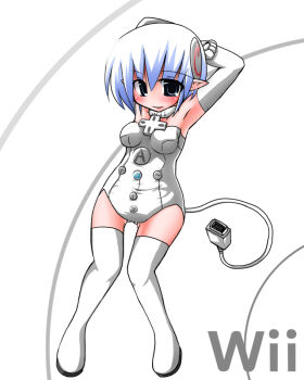 1girl armpits arms_behind_head arms_up black_eyes blue_hair boots cable cable_tail elbow_gloves female_focus game_console gloves kanijiru mechanical_tail nintendo personification plug pointy_ears short_hair solo tail thigh_boots thighhighs white_hair white_thighhighs wii wii-tan