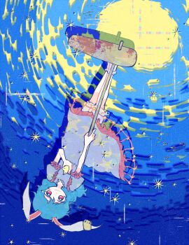 1girl animal_ears bloomers blue_dress blue_hair commentary_request dress earclip highres holding holding_mallet itomugi-kun long_hair looking_at_viewer mallet puffy_short_sleeves puffy_sleeves rabbit_ears red_eyes seiran_(touhou) short_sleeves smile solo touhou underwear upside-down white_bloomers