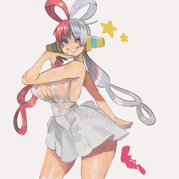 1girl alternate_costume backless_dress backless_outfit bare_shoulders breasts cleavage cowboy_shot curvy dress fingernails grin hair_over_one_eye hair_rings half-closed_eyes hand_to_own_mouth hand_up headphones highres keziedra large_breasts looking_at_viewer multicolored_hair nail_polish one_piece purple_eyes red_hair red_nails short_dress simple_background sleeveless sleeveless_dress smile solo split-color_hair star_(symbol) two-tone_hair uta_(one_piece) white_background white_dress white_hair