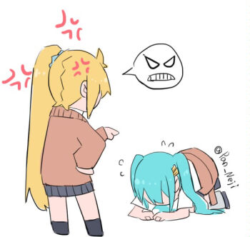 2girls akita_neru all_fours anger_vein apologizing aqua_hair blonde_hair bowing brown_cardigan cardigan cardigan_around_waist chibi clenched_teeth clothes_around_waist commentary dogeza flying_sweatdrops grey_skirt hair_ornament hairclip hand_on_own_hip hatsune_miku long_hair miniskirt multiple_girls nejikyuu omake pleated_skirt pointing school_uniform side_ponytail skirt spoken_expression standing teeth twintails twitter_username very_long_hair vocaloid