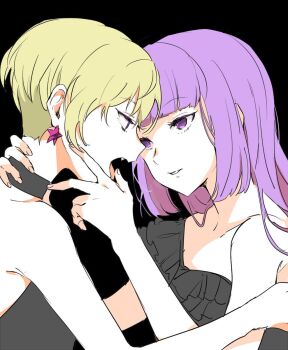 2girls aikatsu! aikatsu!_(series) bad_id bad_twitter_id bare_shoulders black_background blonde_hair earrings fangs hand_on_another&#039;s_face hand_on_another&#039;s_neck hattori_yu highres hikami_sumire image_sample jewelry long_hair looking_at_another multiple_girls open_mouth parted_lips purple_eyes purple_hair shiontaso short_hair star_(symbol) star_earrings tongue_hold twitter_sample upper_body yuri