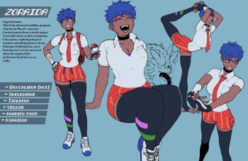 1girl adapted_costume blue_hair breasts cleavage closed_eyes dark-skinned_female dark_skin english_text hetero highres koraidon medium_breasts naranja_academy_school_uniform nintendo nyantcha open_mouth original pixie_cut poke_ball pokemon pokemon_(creature) pokemon_sv purple_eyes reference_sheet school_uniform short_hair thighhighs tomboy zoraida_(nyantcha)
