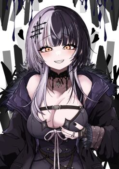 1girl belt black_belt black_choker black_dress black_hair black_jacket black_nails blush breasts chest_belt choker dress fingernails fur-trimmed_jacket fur_trim grabbing_own_breast grey_hair grin hair_ornament heart highres hololive hololive_english jacket jewelry kukkiy-san large_breasts long_fingernails long_hair long_sleeves looking_at_viewer multicolored_hair nail_polish open_clothes open_jacket pendant_choker raised_eyebrows ring shiori_novella shiori_novella_(1st_costume) smile solo split-color_hair two-tone_hair upper_body virtual_youtuber yellow_eyes
