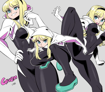 1girl animification artist_name black_bodysuit blonde_hair blue_eyes bodysuit breasts character_name commentary_request covered_navel dutch_angle grey_background hairband hand_on_own_hip hood hooded_bodysuit long_hair marvel medium_breasts multicolored_bodysuit multiple_views open_mouth print_bodysuit simple_background skin_tight spider-gwen spider-man_(series) spider_web_print sunafuki_tabito superhero_costume two-tone_bodysuit white_bodysuit