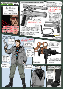 Rule 34 | 1boy, amt hardballer, amt hardballer longslide, arcadia machine &amp; tool, arnold schwarzenegger, cyborg, english text, gun, handgun, israel military industries, israel weapon industries, jacket, japanese text, looking at viewer, m1911, muta koji, pistol, story time (muta koji), submachine gun, sunglasses, t-800, terminator (series), the terminator, translation request, uzi, weapon, weapon focus, weapon name, weapon profile