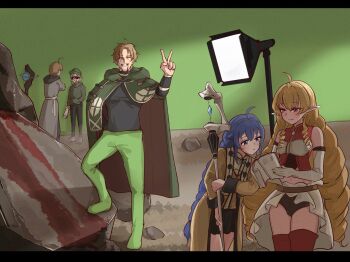 2boys 3girls ahoge arm_up bare_shoulders belt black_skirt blonde_hair blood blood_on_face blue_hair book braid brown_coat brown_shirt cape closed_eyes coat director drill_hair elf elinalise_dragonroad floodlights green_cape green_hat green_hoodie green_pants green_screen green_shirt grey_robe grin hair_between_eyes hair_flaps hand_on_own_hip hat highres hood hoodie lamp long_hair mage_staff mole mole_under_eye multiple_boys multiple_girls mushoku_tensei open_book pants paul_greyrat pointy_ears qiweiyan reading red_eyes red_shirt red_thighhighs robe rock roxy_migurdia rudeus_greyrat script shirt skirt sleeveless sleeveless_shirt smile spoilers staff sunglasses sylphiette_(mushoku_tensei) teeth thighhighs v very_long_hair white_skirt