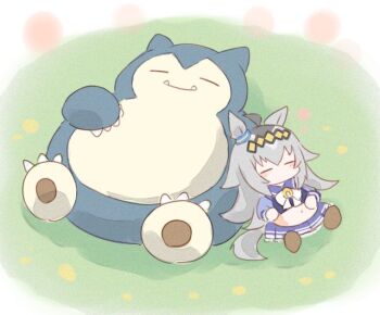 1girl ahoge animal_ears bloated bow claws closed_eyes closed_mouth ear_ornament fangs gen_1_pokemon grey_hair grey_tail hair_between_eyes hair_ornament hairband horse_ears horse_girl horse_tail long_hair long_sleeves mokuroo multicolored_hair navel nintendo oguri_cap_(umamusume) pokemon pokemon_(creature) purple_sailor_collar purple_serafuku purple_shirt purple_skirt sailor_collar sailor_shirt school_uniform serafuku shirt skirt sleeping smile snorlax stomach tail tracen_school_uniform umamusume white_bow white_skirt